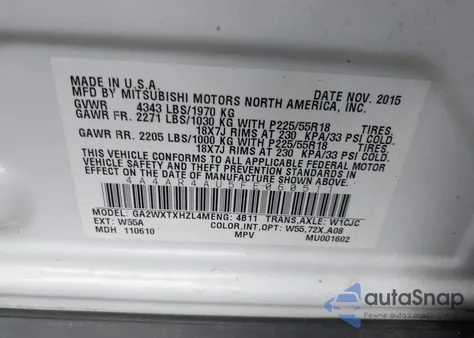 2015 Mitsubishi Outlander Sport Se z USA, uszkodzony, nr VIN 4A4AR4AU5FE060511